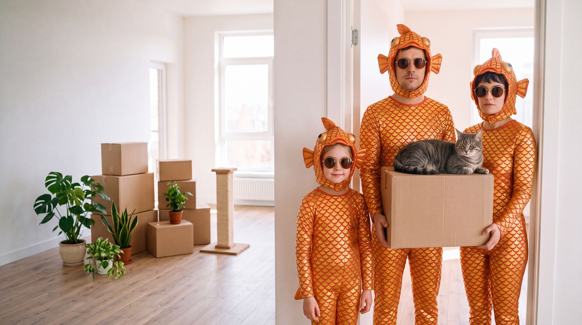 Eine Familie im Goldfischkostüm steht mit Umzugskarton in der Tür einer hellen, neuen Wohnung, auf dem Karton liegt eine Katze. Im Raum stehen Umzugskartons, Pflanzen und ein Kratzbaum.
