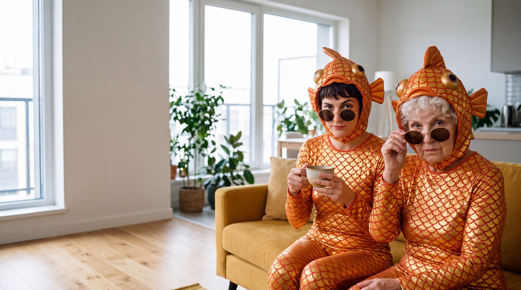Zwei Goldfisch-Damen mit Tasse auf dem Sofa in einer hellen Wohnung, eine schaut über die Sonnenbrille.